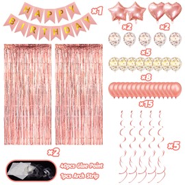 Rose Gold Birthday Decorations, Happy Birthday Banner, Confetti Balloons, Fringe Curtain, Heart Star Foil Balloons, Hanging Swirls for Women Girls Birthday Princess Party Decorations