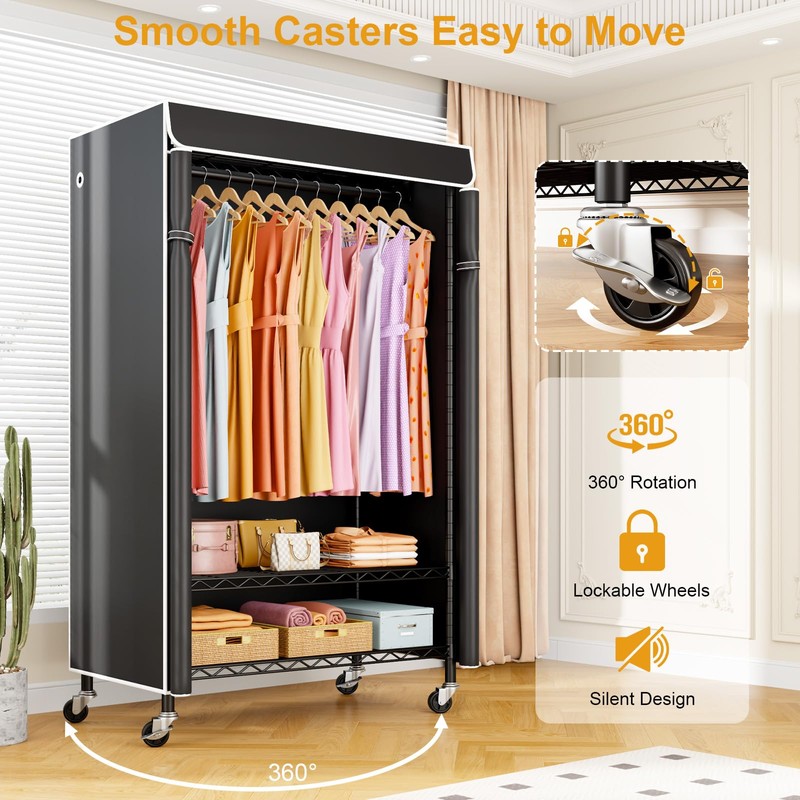 ULIFHOME P6C Rolling Clothes Rack with Cover, Covered Clothing Racks