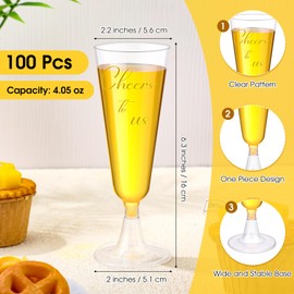 Honeydak 100 Pack Plastic Champagne Flutes Bulk 4.05 oz Clear Disposable Toasting Glasses with Gold ''Cheers to Us'' Print Recyclable Cup for Wedding, Cocktail, Mimosa Bar, Event, Party, Baby Shower