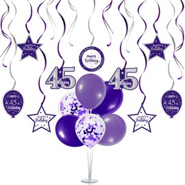 Nelbiirth Happy 45th Birthday Party Decorations Set,45th Birthday Purple Swirls Streamers with Purple Table Ballon Stand Kit,Perfect for 45th Bday Party Decorations.