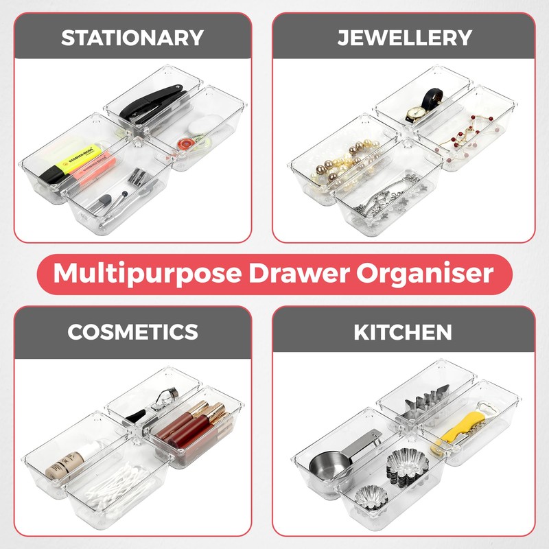 Amtido 4 Pack Drawer Organisers - Sturdy Clear Plastic -