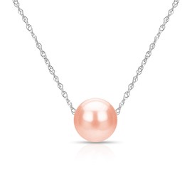 14K White Gold Chain with 7-7.5mm Pink Freshwater Cultured Pearl Floating Pendant Necklace, 18"