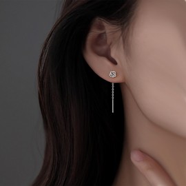 TseenYi Rose Flower Threader Earrings Silver Flower Threader Chain Earrings Bar Drop Threader Earrings Long Chain Tassel Earrings Hollow Floral Studs Earrings Jewelry for women and Girls