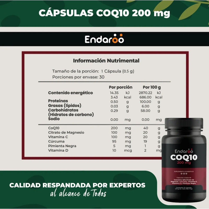 Coq10 Coenzima Q10 200 Por Porción Cápsulas