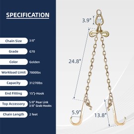 BATONECO 3/8" x 2' G70 Tow Chain V- Bridle with 15" Long Shank J Hooks and Grab Hooks, Flatbed Truck Trailer Safety Tow Chain, 7,800 lbs Safe Working Load