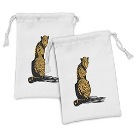 Ambesonne Wildlife Fabric Pouch Set of 2, Sketch Leopard Dangerous Carnivore Wildcat with Shadow, Small Drawstring Bag for Toiletries Masks and Favors, 9" x 6", Black White and Marigold