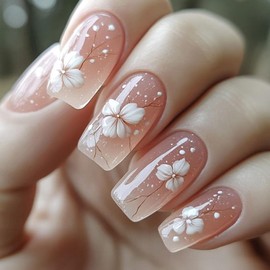 Flower Press on Nails Medium Square Fake Nails with Floral Designs Ombre Acrylic Nails Press ons Cute False Nails Full Cover Stick on Nails Glossy Gradient Glue on Nails for Women 24 Pcs