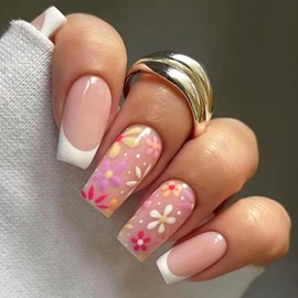 MISUD Press on Nails Long Square Fake Nails Glossy Glue on Nails White French Tip Acrylic Nail Supplies Squoval Artificial Nail Art Flower Stick on False Nails with Design DIY 24 pcs