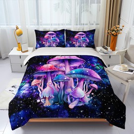 Nttopship Fantasy Mushrooms Comforter Set Full,Galaxy Fantasy 3 Pieces Bedding Set for Teens Kids,Violet Down Alternative Bed Comforters Bedding Sets for All Season
