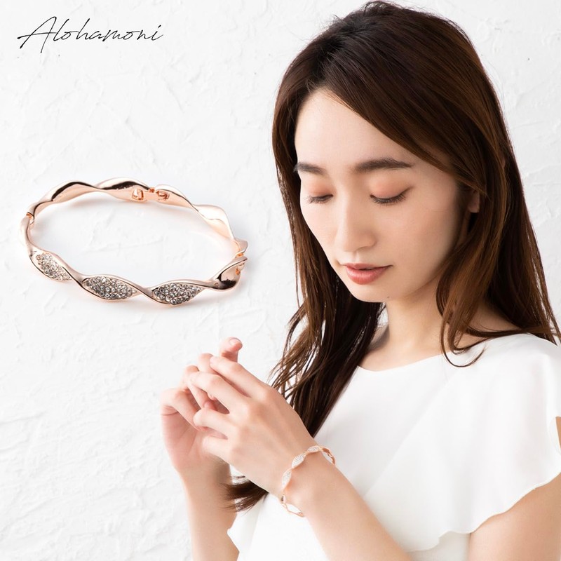 ALOHAMONI Women's Cubic Zirconia Twist Bracelet, Bangle, Curved, Twisted Design,