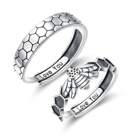 Yearace Bee Honeycomb Couples Rings Set, 925 Sterling Silver Cute Animals Bee Honeycomb Matching Ring for Couples Engraved I Love You, Adjustable Engagement Wedding Promise Ring for Him and Her