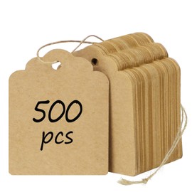 Uniclife 500 Pcs Price Tags with String Attached Writable Brown Kraft Paper Tags with Jute Twine Hang Tags Price Display Labels for Clothing Jewelry Blank Merchandise Marking Tags, 1.76" x 1.38"