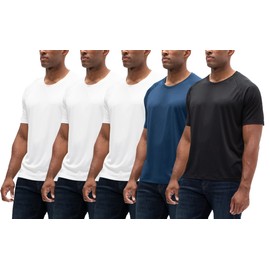 DEVOPS 5 Pack Men's UPF 50+ Sun Protection Moisture Wicking Dry-Fit Short Sleeve Workout T-Shirts (White/White/White/Navy/Black, 3X-Large)