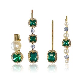 BRBASAP 4PCS Emerald Hair Accessories Vintage Green Crystal Pearl Gold Artificial Emerald Pins Antique Imitation for Women 1920s Style Decorative Clips Dark Green Pin for Wedding Elegant Hairpin