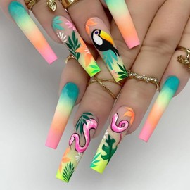 Spring Press on Nails Long Coffin Glossy Full Cover Acrylic Extra Long Square False Nails with Flower Snake Parrot Designs Artificial Ballerina Fake Nails with Glue Stick on Fingernails for Women