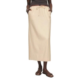 IDEALSANXUN Womens Cotton Linen Skirts Trendy Elastic Waist Drawstring Long Skirts with Slit, Khaki, Medium