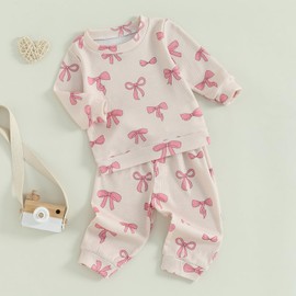 XIXIMAON Baby Girls Fall 2 Pieces Outfits Set Bow Print Round Neck Long Sleeve Jumper Top Drawstring Sweatpants Set Toddler 2pcs Fall Tracksuit (Beige, 0-6 Months)