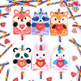JOYIN 36 Packs Valentines Rainbow Pencil, with Animal Head Greeting Cards and Erasers for Kids Party Favors, Assorted Gift Classroom Prize Supplies