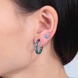 CiNily 2 Pairs Stud Hoop Earring Set,Dark Blue Opal Hoop Earring 14K Black Gold Plated Hypoallergenic Small Stud Earrings for Women Men Jewelr