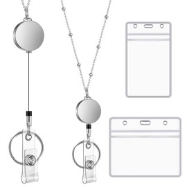 ID Card Holder and Retractable Reel Set Retractable Lanyard Key Chain 2 Pieces Clear Waterproof Plastic ID Badge Holder and Stainless Steel Lanyard Necklace for Keys Holder Card Badge (Silver)