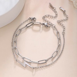 Lightning Bolt Bracelet for Men Women Lightning Flash Thunder Charm Dainty Beaded Bracelets Stainless Steel Layered Chain Bracelets Jewelry Gifts (Double-layered/S)