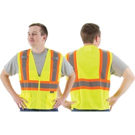 Majestic High Visibility Mesh Vest with DOT Striping | MED - Hiviz Yellow Safety Vest | ANSI/ISEA Class 2, Type R Standard, Zipper Closure, 6 Pockets with Radio Tabs | 75-3209