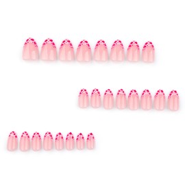 LPOODDNU Valentines Press on Nails Almond Medium Fake Nails Cute Heart Glue on Nails Valentine’s Day Nail Art Decorations Almond Shape Glossy Pink False Nails French Stick on Nails for Women, 24Pcs