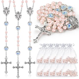 ROCEEI 20 Pcs Catholic Glass Pearl Beads Rosary Necklace 6 mm Beaded Cross Necklace with Crucifix and Rosary for Women (Pink)