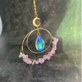 Rose Quartz Suncatcher Crystal Ornament, Sun Catcher Gift for Moms, Gold Circle Hanging Sun Catchers for Car, Crystal Window Hanging, Round Gemstone Prism, Boho Garden Decor (Rose Quartz)