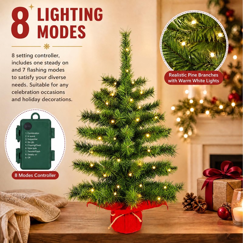 2ft Pre-lit Artificial Mini Christmas Tree,Small Xmas Tree