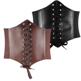 Geyoga 2 Pieces Women Corset Belt Lace up Wide Elastic Waistband Retro Tied Waspie Waist Belt for Carnival Costume Cosplay(Black, Brown)