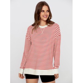 Simplee Womens Oversized Sweatshirt Long Sleeve Crewneck Striped Sweatshirt 2024 Fall Air Essentials Pullover Tops Red,L