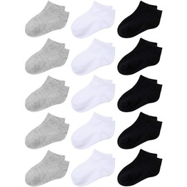 Cooraby 15 Pairs Kids' Half Cushion Low Cut Socks Teens Ankle Socks for Big Boys or Girls (Black, Gray, White, 10-15 Years)