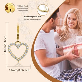 14K Gold Plated Heart Dangle Earrings, ALEXCRAFT Golden Dangling Drop Earring for Trendy Women Leverback Cubic Zirconia Hearts Shaped Minimalist Hypoallergenic Earing of Valentine