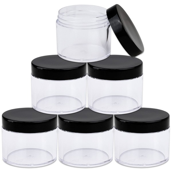 Beauticom® 2 oz./ 60 Grams/ 60 ML (Quantity: 6 Packs) Thick Wall Round Clear Plastic Leak-Proof Jars Container with Black Lids for Cosmetic, Lip Balm, Lip Gloss, Creams, Lotions, Liquids