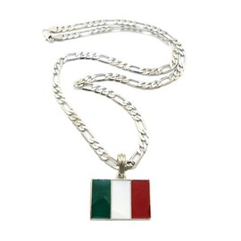 NYFASHION101 Italy Flag Pendant with 5mm 24" Figaro Chain Necklace, Silver-Tone