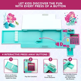 Decorably Pop Up Multifunctional Mermaid Pencil Case for Girls with Calculator, Sharpener, Pen Slots and Mini Drawer - Pop Up Multifunction Pencil Box for Girls with 2 Main Compartments