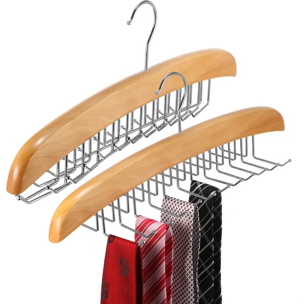 2 Pieces Belt Hanger Organizer for Closet Wooden 24 Belt Hooks Tie Belt Storage Tie Holder Belt Rack Hanging Organizer Accessories for Men Women (Natural Wood Color)