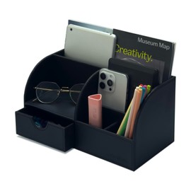 UnionBasic Desk Organizer - Multifunctional Leather Desktop Pen Holder Storage Box - Business Card/Pen/Pencil/Mobile Phone/Stationery Holder, Black Revised