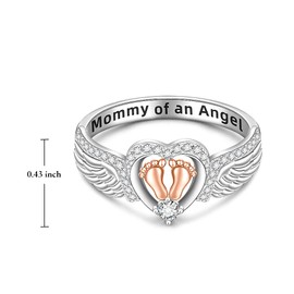 Angel Wing Rings for Women Mother Memorial Sterling Silver Mommy of An Angel Ring Heart Footprint Band Jewelry Mothers Day Gifts Size 6