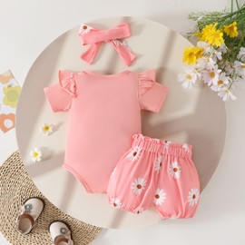 Newborn Infant Baby Girl 1st Birthday Outfit One Year Old Ruffle Short Sleeve Romper Bodysuit Shorts Set with Headband(Pink,3-6M)