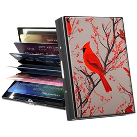 GFRGTFHYT Credit Card Holder, Mini RFID Blocking Metal Card Wallet for Women Men Girls Slim ID Card Holders Protector Aluminum Business Hard Cards Case Travel Wallet Shell, Red Cardinal Birds
