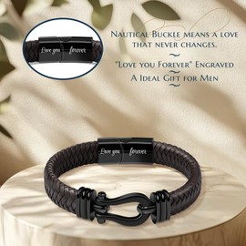 Bracelet Gifts for Men - Black Braided Leather Bracelets Stainless Steel Nautical Buckle with Lettering Love You Forever - Birthday Christmas Thanksgiving Day Gifts for Dad Son Grandson Husband Boyfriend Brother Loved Linked Forever, 9 inch