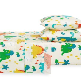 Wake In Cloud - Dinosaur Bed Sheets for Boys, 100% Cotton, 4-Piece Sheet Set Kids, Cute Jurassic Dinosaur Velociraptor Animal Pattern Printed Bedding, Deep Pocket, Cream, Twin Size