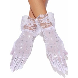 JAKAWIN Rhinestone Wedding Gloves White Lace Crystal Bridal Opera Tea Gloves Party for Women