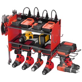 CCCEI Modular Power Tool Organizer Wall Mount Charging Station, Red 6 Drills Holder with 8 Plug Power Strip, Garage Drill Battery Heavy Duty Metal Shelf, Utility Rack with Hooks, Side Storage.