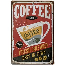 Metal Wall Decor, Garden Sign, Gift Street Sign – Hot Coffee Served Daily Vintage Coffee Shop Sign for Kitchen, Café, Home Wall Decor 8x12