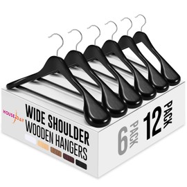 HOUSE DAY Wide Shoulder Wooden Hangers 12 Pack, Wood Suit Hangers for Men with Non Slip Pants Bar, Smooth Finish Solid Wood Coat Hangers for Jacket, Pants, Dress, Heavy Clothes Hangers (Black)