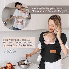 Baby Wrap Carrier - Premium Cotton Baby Carrier Wrap for Newborn to Toddler- Infant Carrier- Baby Holder One Size Fits All with Front Pocket (Black) by Max&so