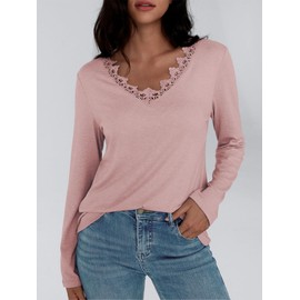 AUTOMET Long Sleeve Shirts for Women 2025 Fall Fashion Lace V Neck Loose Fit Casual Tops Trendy T Shirts Outfits Clothes Pink M